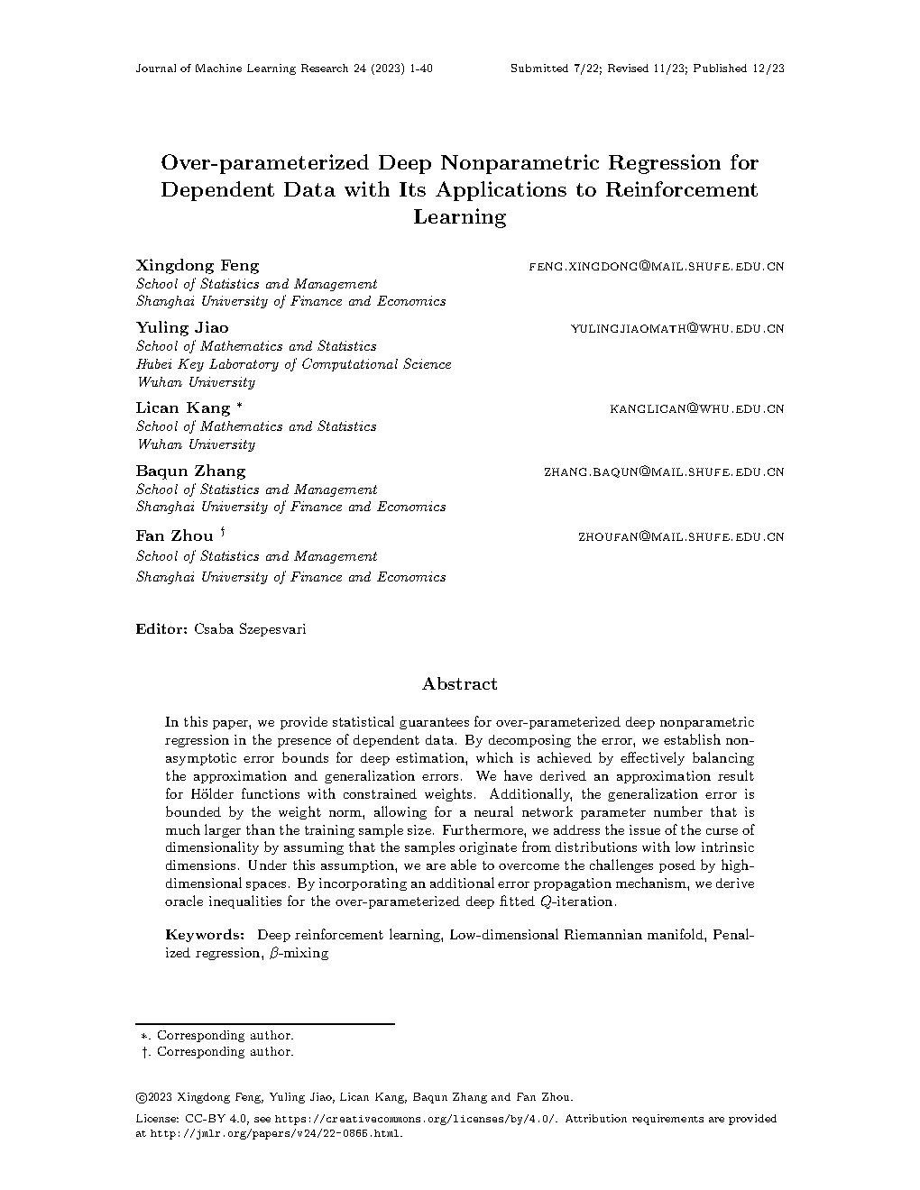 Over-parameterized deep nonparametric regression for dependent data with its applications to reinforcement learning